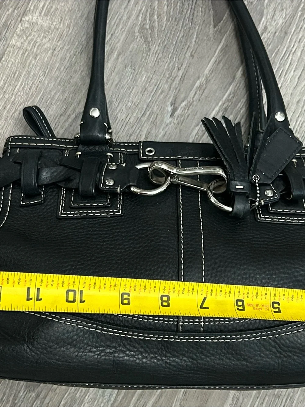 Coach Black Pebbled Leather Shoulder Bag with Silver Hardware and Tassel